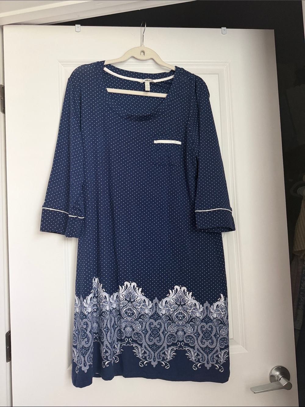 Soma Blue w/White Polka Dots 3/4 Sleeve Pocket Nightgown - SZ L